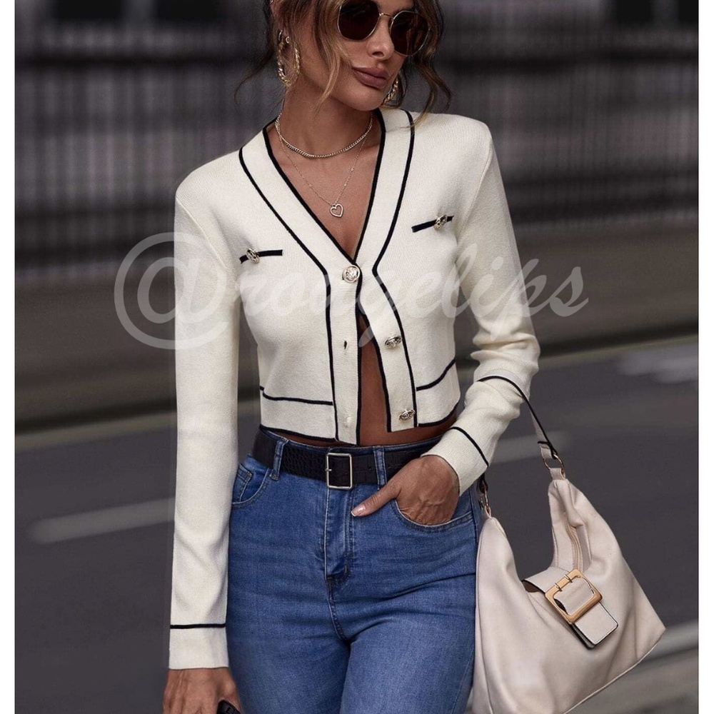 Off White Cropped Cardigan Contrast Black Binding Button Front Silver Buttons